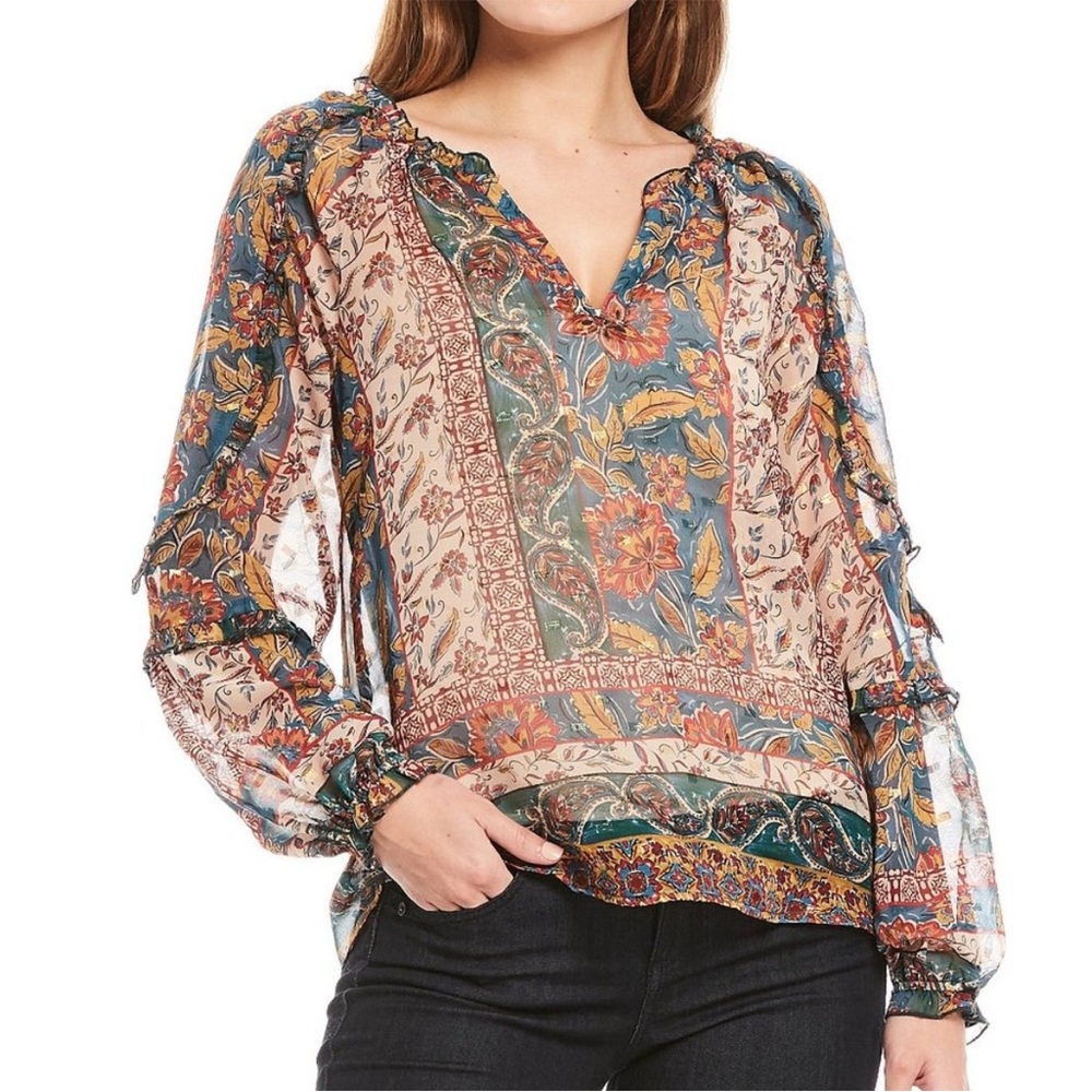 DEMOCRACY Paisley Print Semi Sheer 
Split Neck Ruffle Sleeve Top Size 2X.